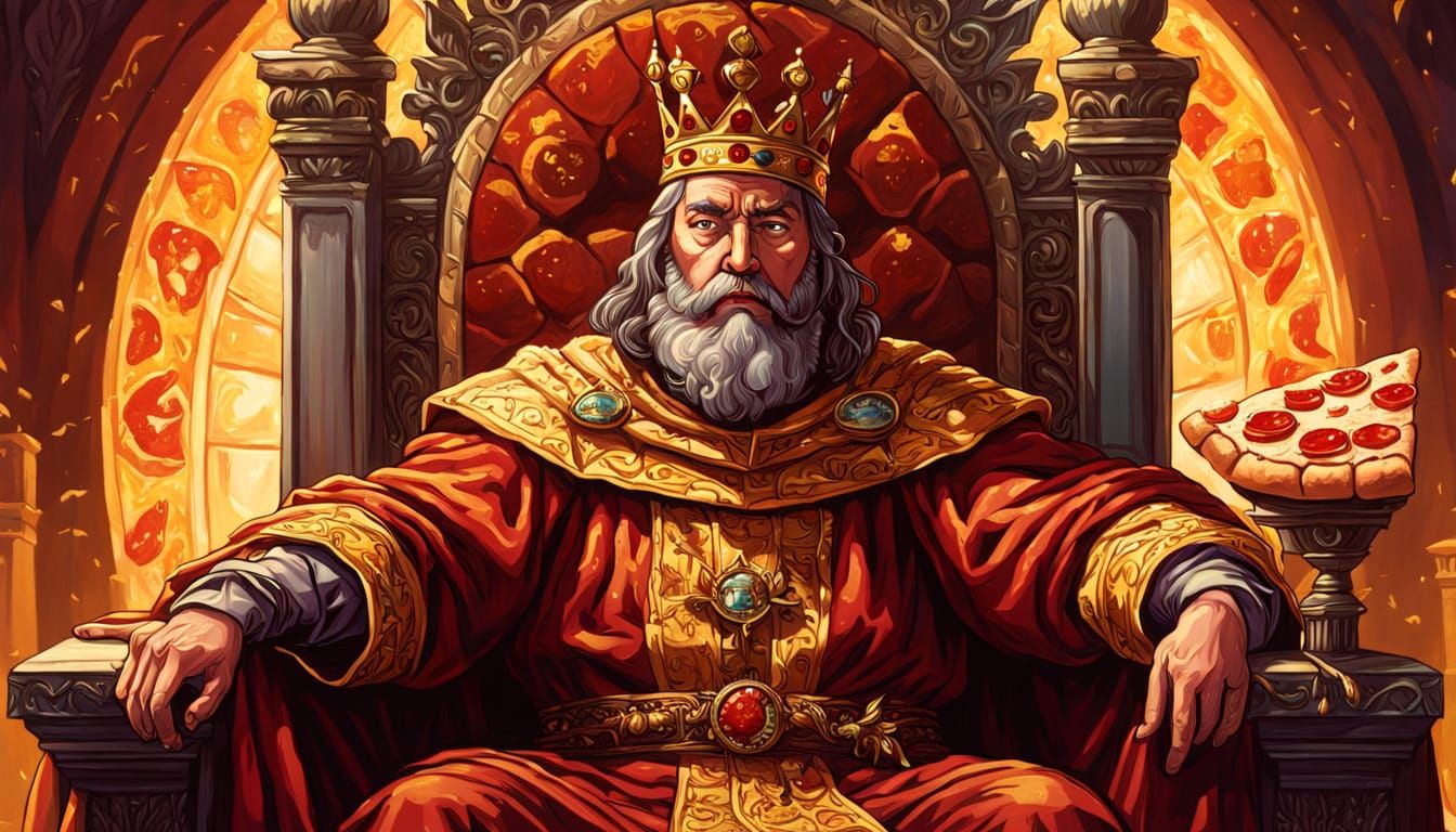 Regal Pizza King on Throne: Renaissance-Style Close-Up