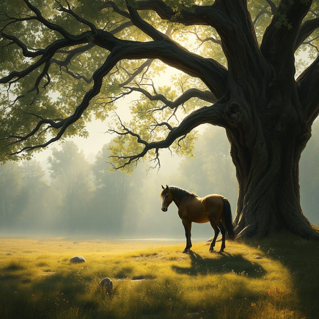 Mystical Horse Basks in Summer Shadows
