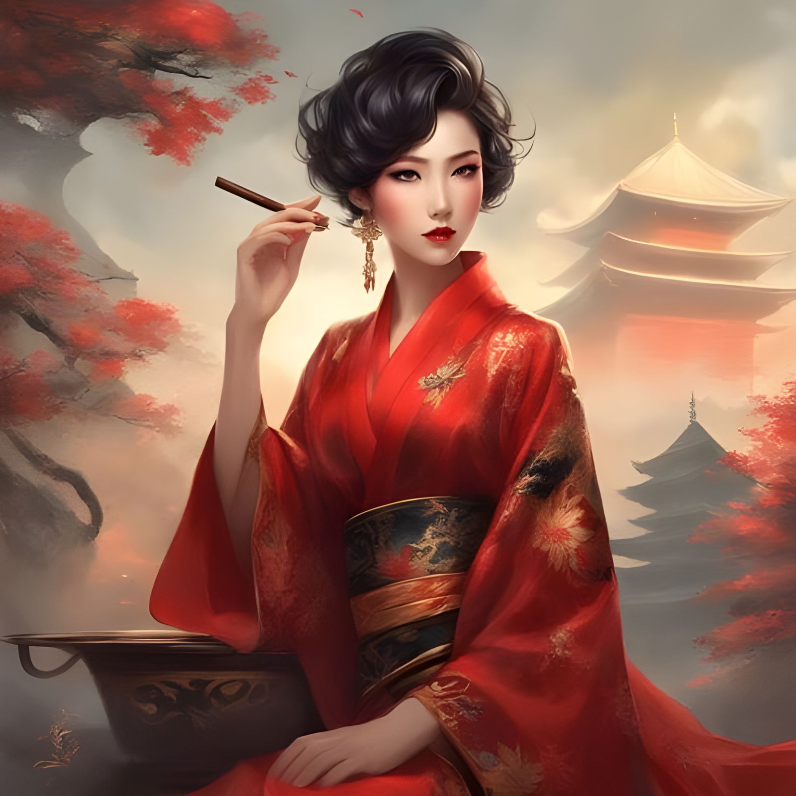 Beautiful Japanese Woman with Red Lips, Royo Style