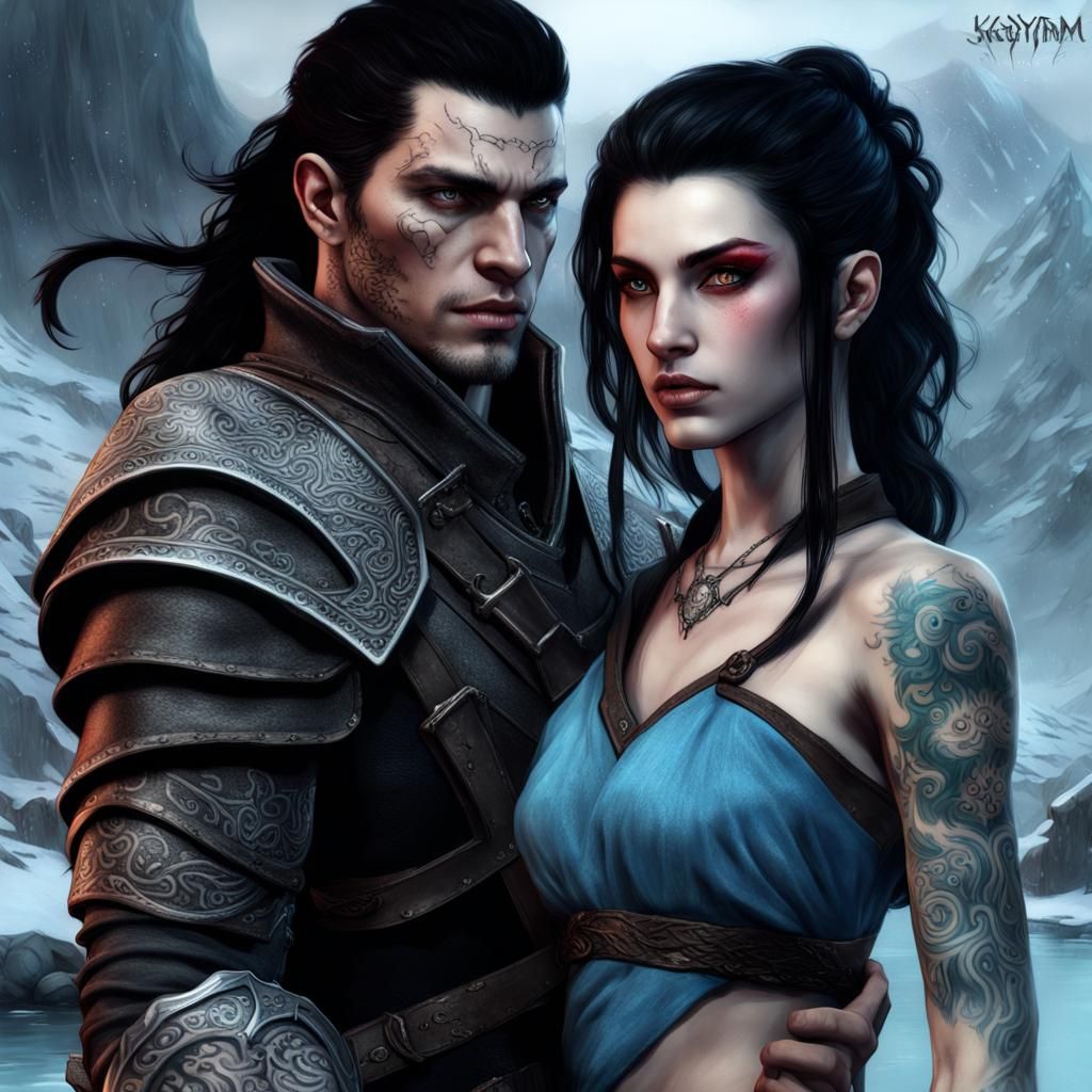 Kaidan and Dragonborn Woman: Fantasy Concept Art