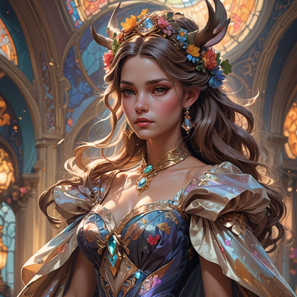Doe in Ball Gown: Hyperdetailed Art Nouveau Portrait