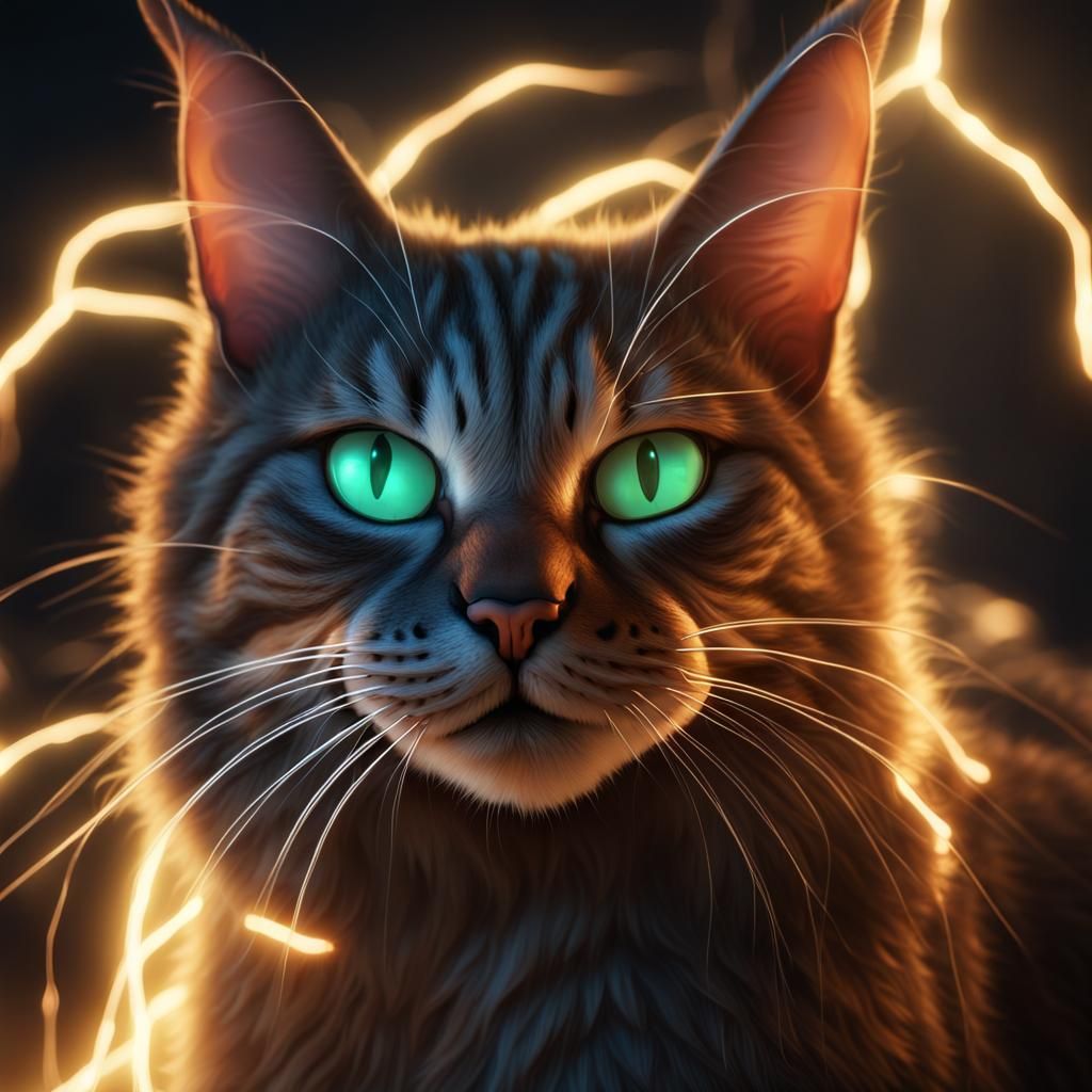 Electrifying Tabby Cat in Dark Room: Digital Art