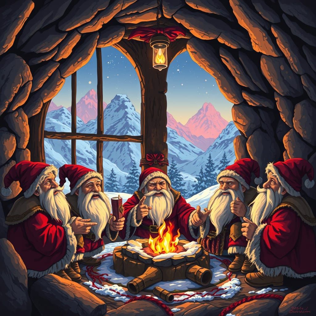 Fantasy Dwarves Gather Around Christmas Firelit Cave