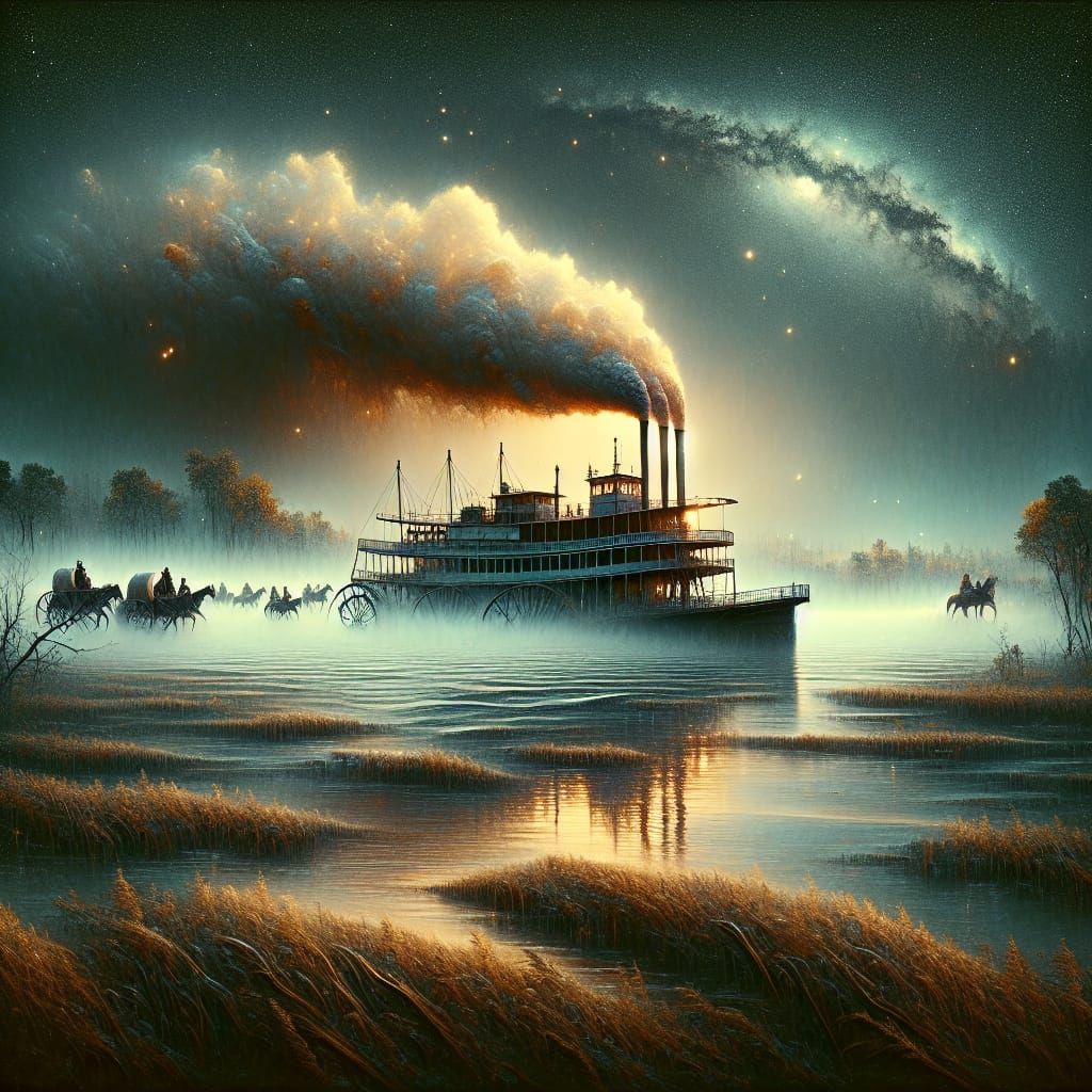 Paddle Steamer on the Mississippi River at Night