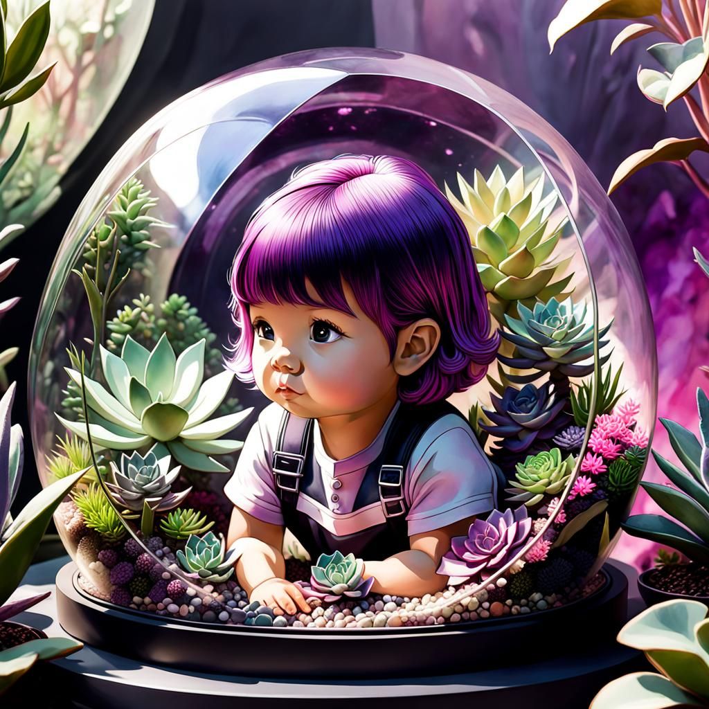 Toddler in Terrarium: Hyperrealistic Art Deco Style