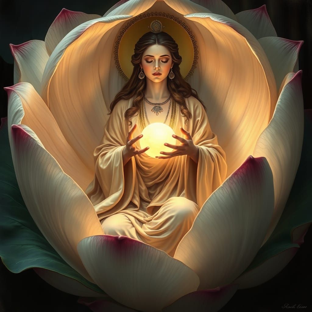 Goddess Emerging from Lotus Flower: Classical Painting