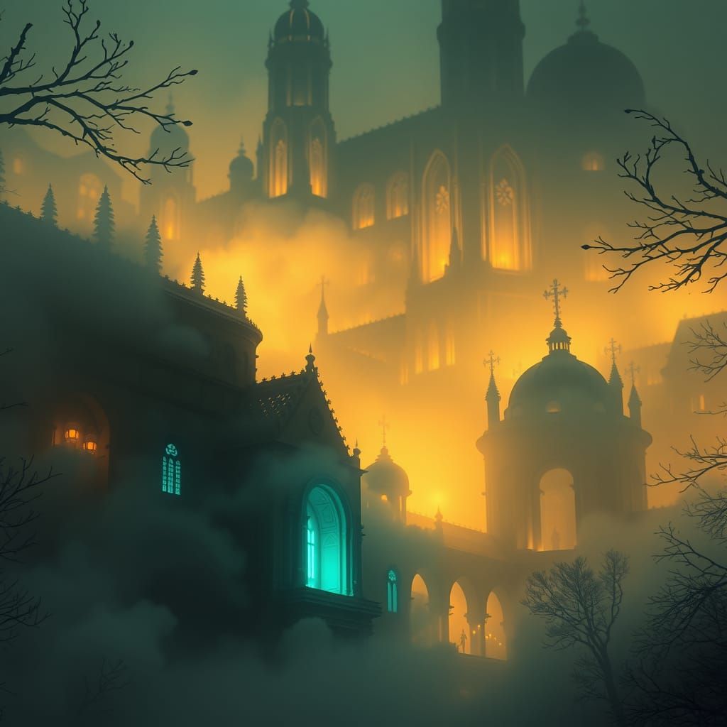 Mystical Cityscape Shrouded in Ethereal Mist