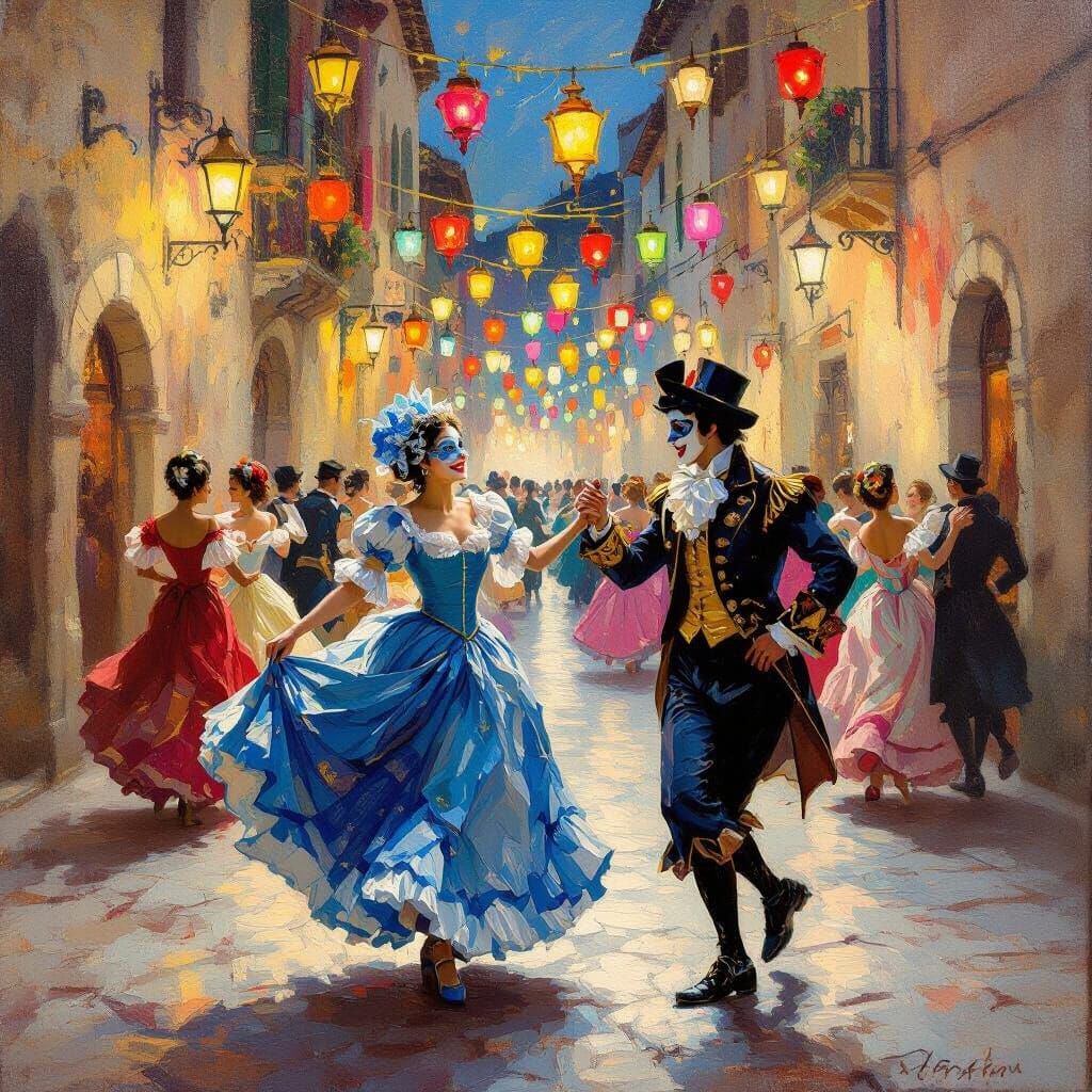Joyful Carnival Dance in Italian Street Oil Painting