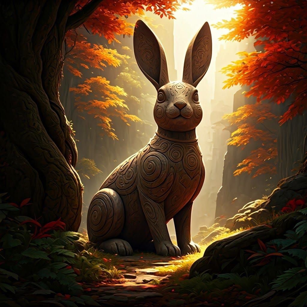 Tibetan Carved Rabbit in Autumn Landscape