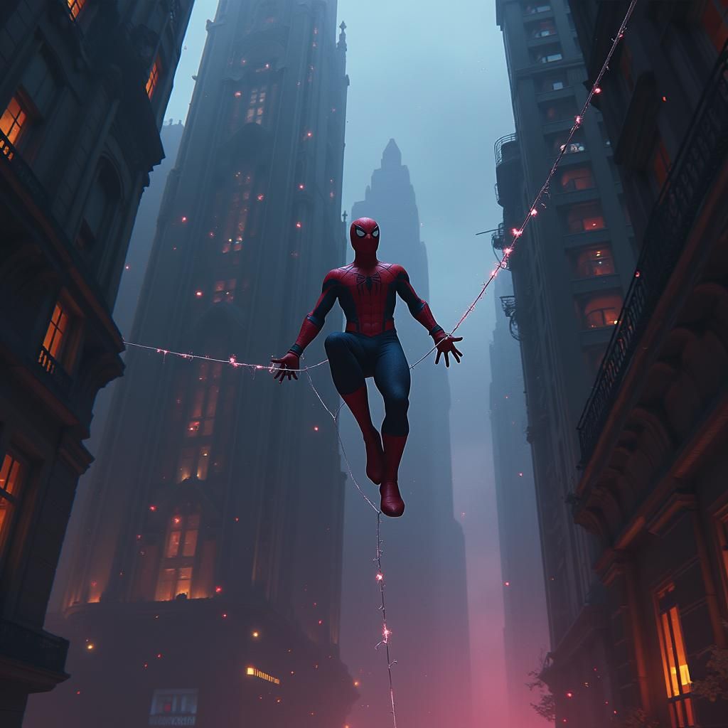 Spider-Man in Gothic Metropolis: Matte Painting Style