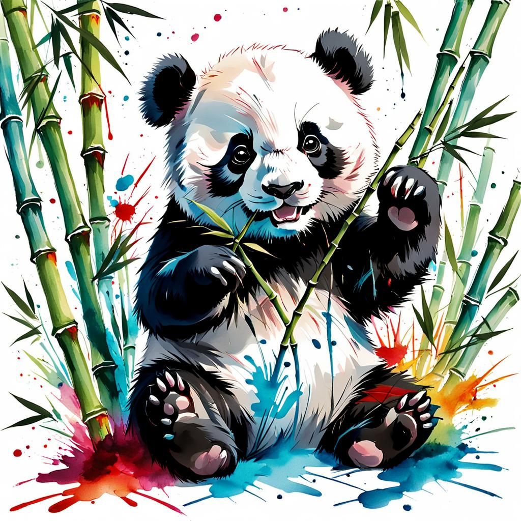 Fluffy Panda Cub in Traditional Chinese Painting