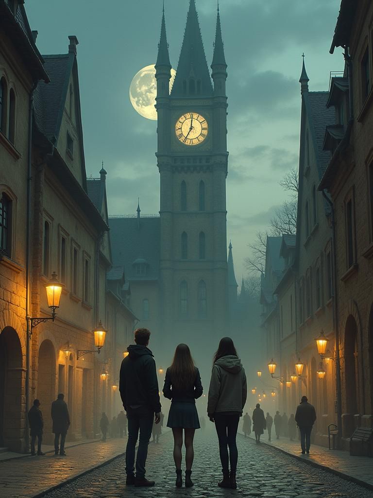Friends Gaze at Clock Tower in Dreamy Impressionism