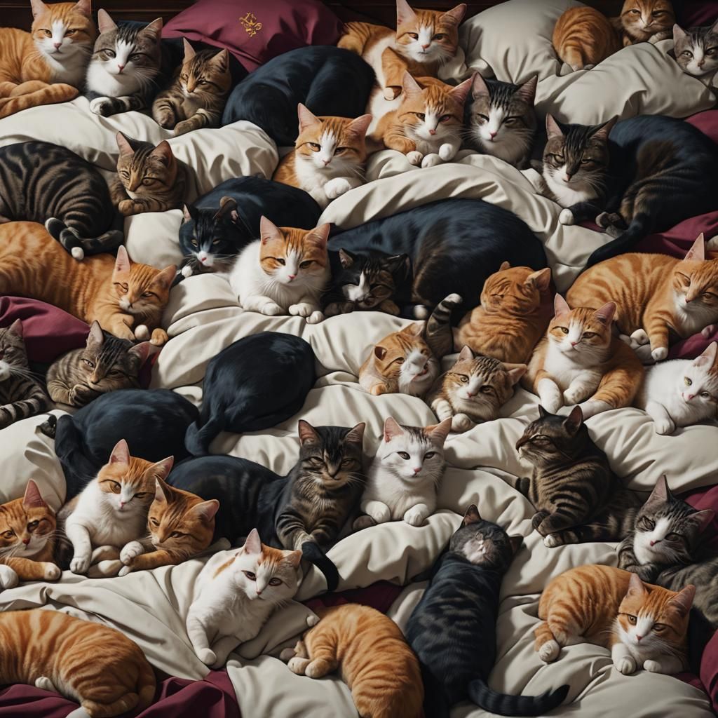 Ten Cats Sleeping on a Bed in Matte Painting Style