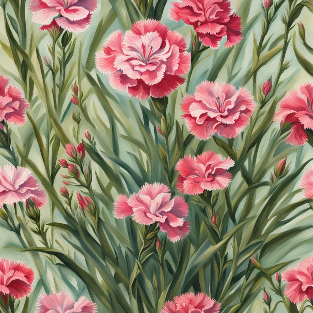 Dianthus Plant in Gouache Style Botanical Illustration