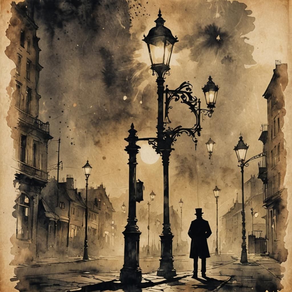 Steampunk Magician Silhouette in Modern Ink Painting