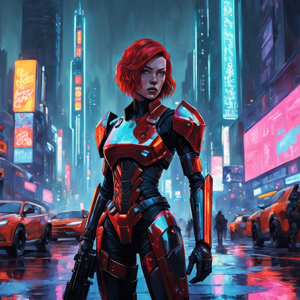Cyberpunk Gynoid in Neon-Lit Cityscape