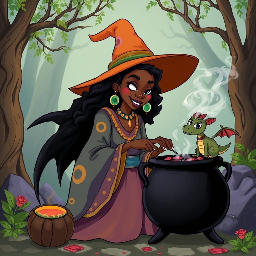 African Witch Stirring Cauldron with Dragon Familiar