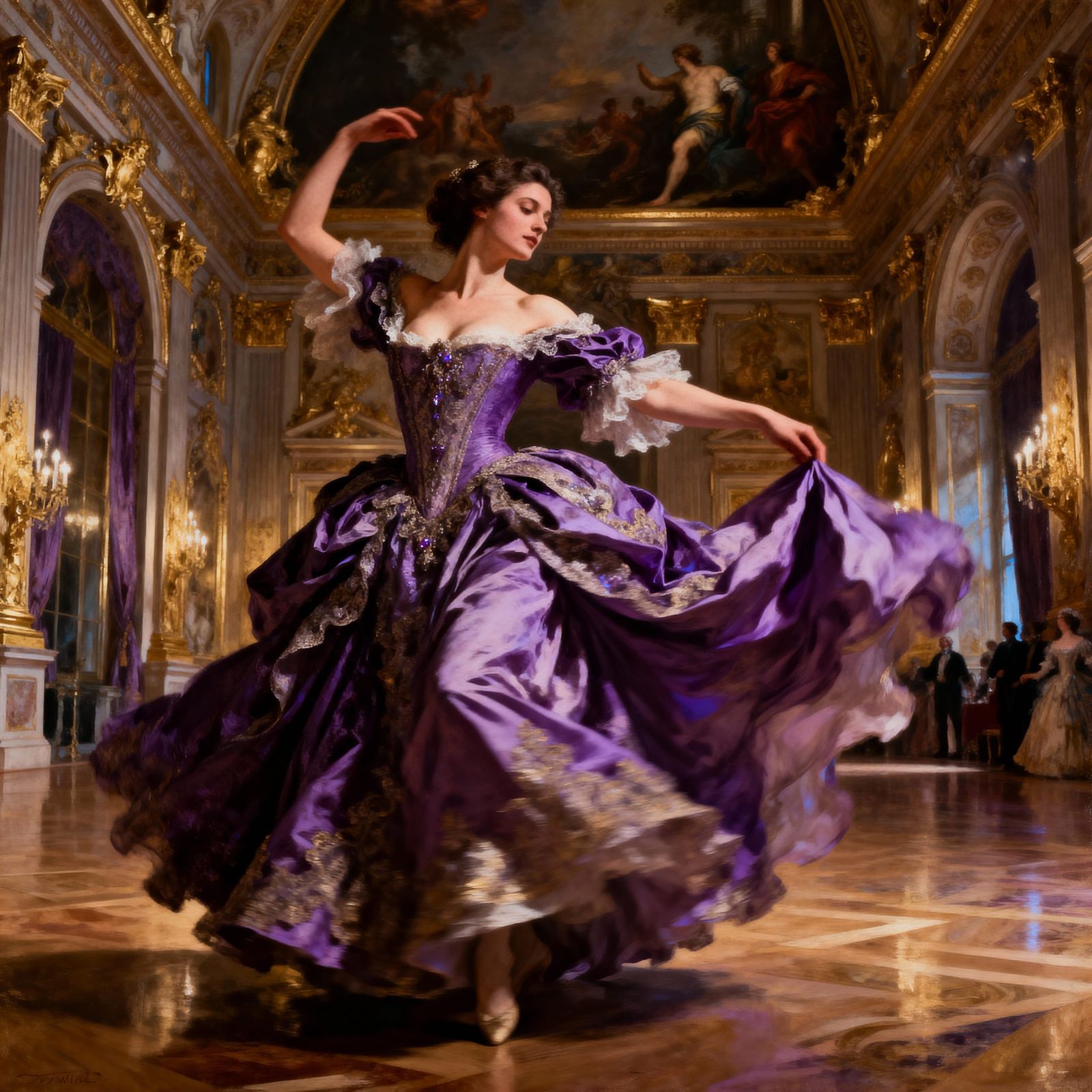 Baroque Ballroom Dancer in Opulent Gown