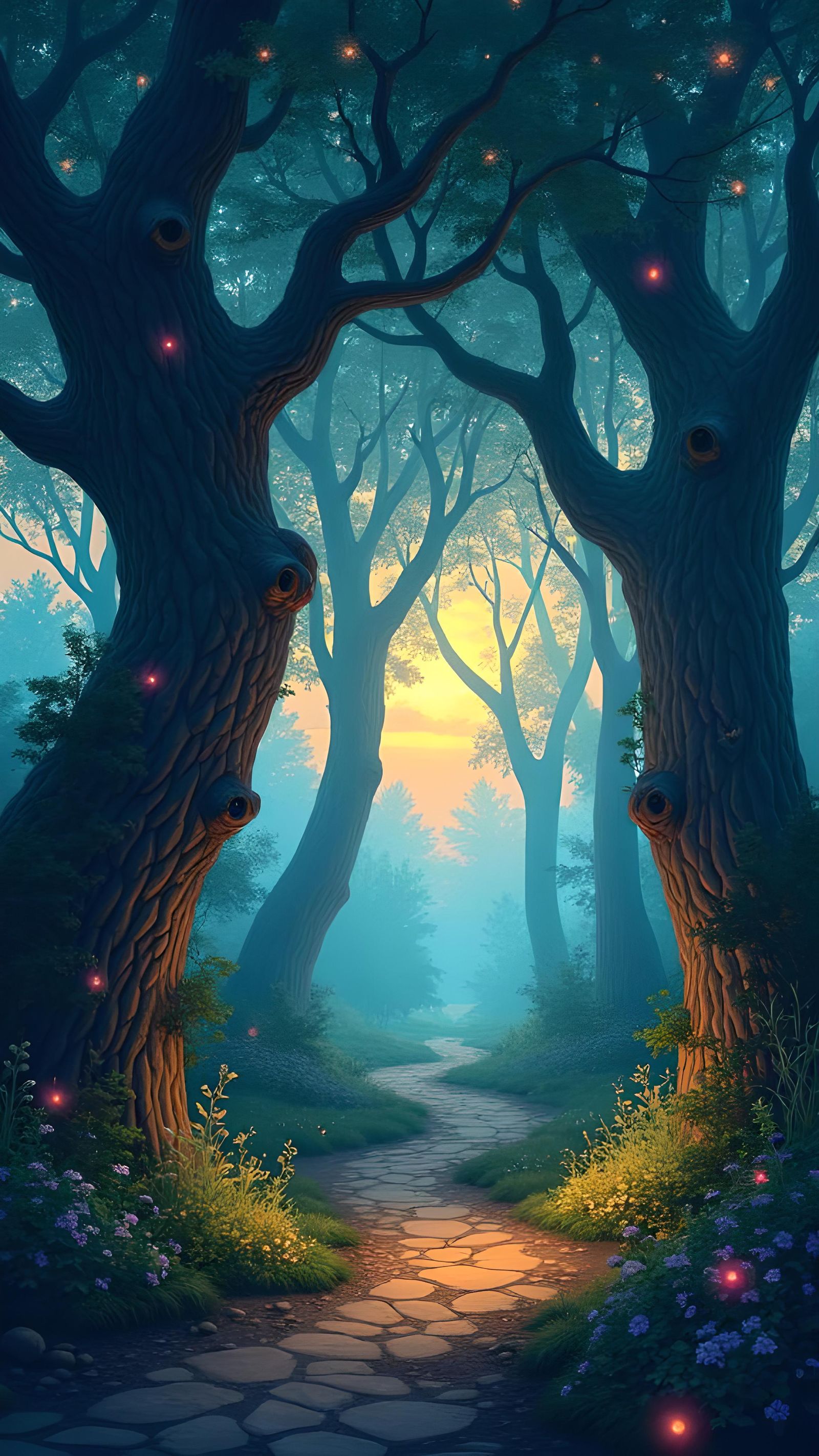Enchanting Bioluminescent Forest at Dusk: Digital Illustrati...