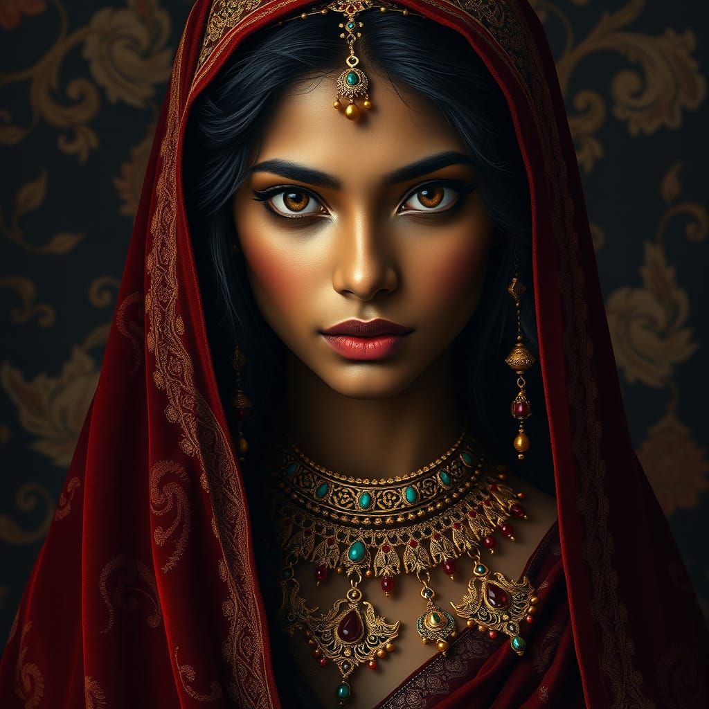 Ethereal Tamil Princess in Crimson Velvet Veil