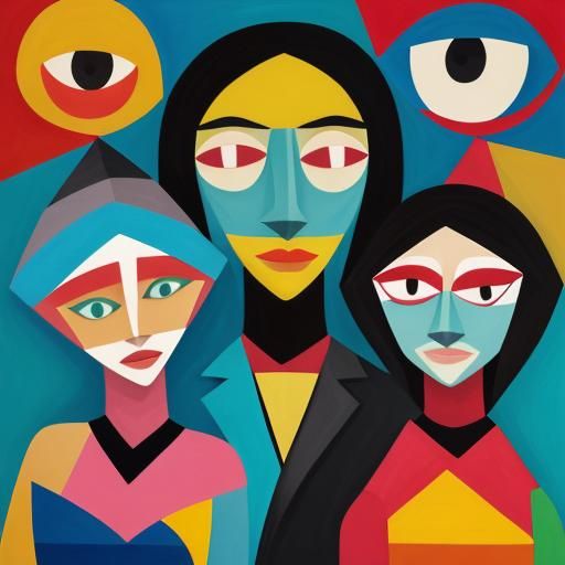 Cubist Painting of Triangular People in Abstract Style