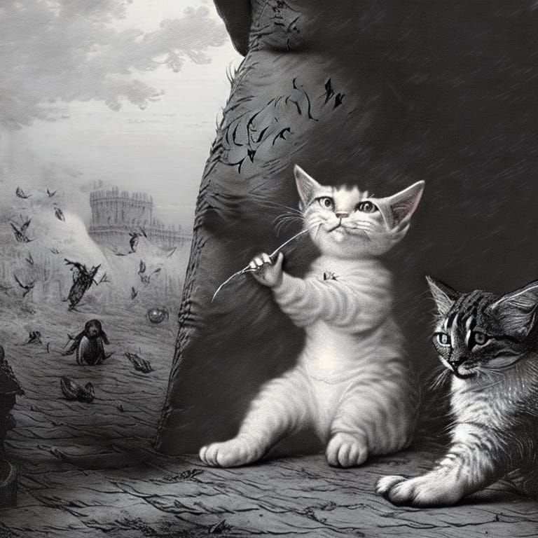 Giant Kitten's Tiny Friend: A Digital Horror Art Piece