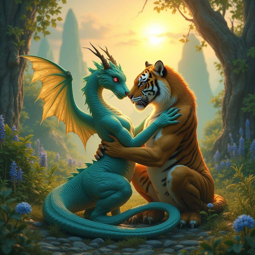 Ethereal Encounter of Lady Dragon and Man Tiger in Dreamlike...