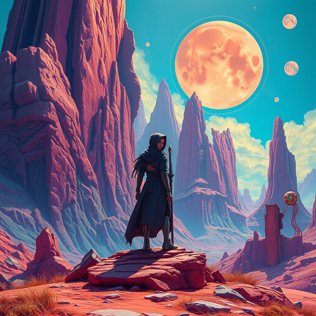 Surreal Figure on a Vibrant, Detailed Landscape