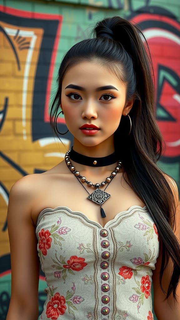 Stunning Young Asian Woman in Boho Chic Bustier and Graffiti...