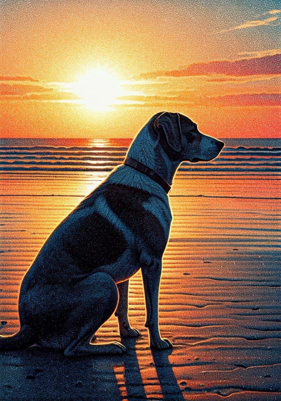 Dog Contemplates Sunset in Pointillism Style