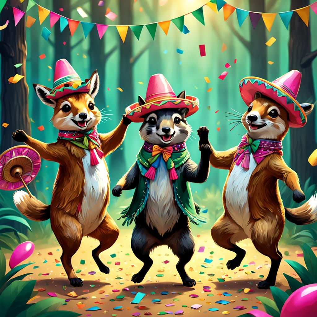 Festive Forest Animals Dance in Folk Art Style