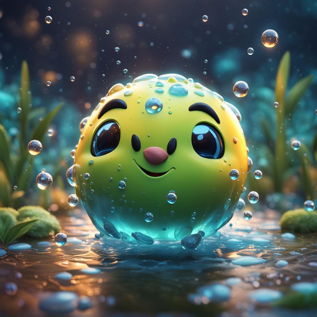 Cute Happy Water Droplet Cartoon in Detailed Painting