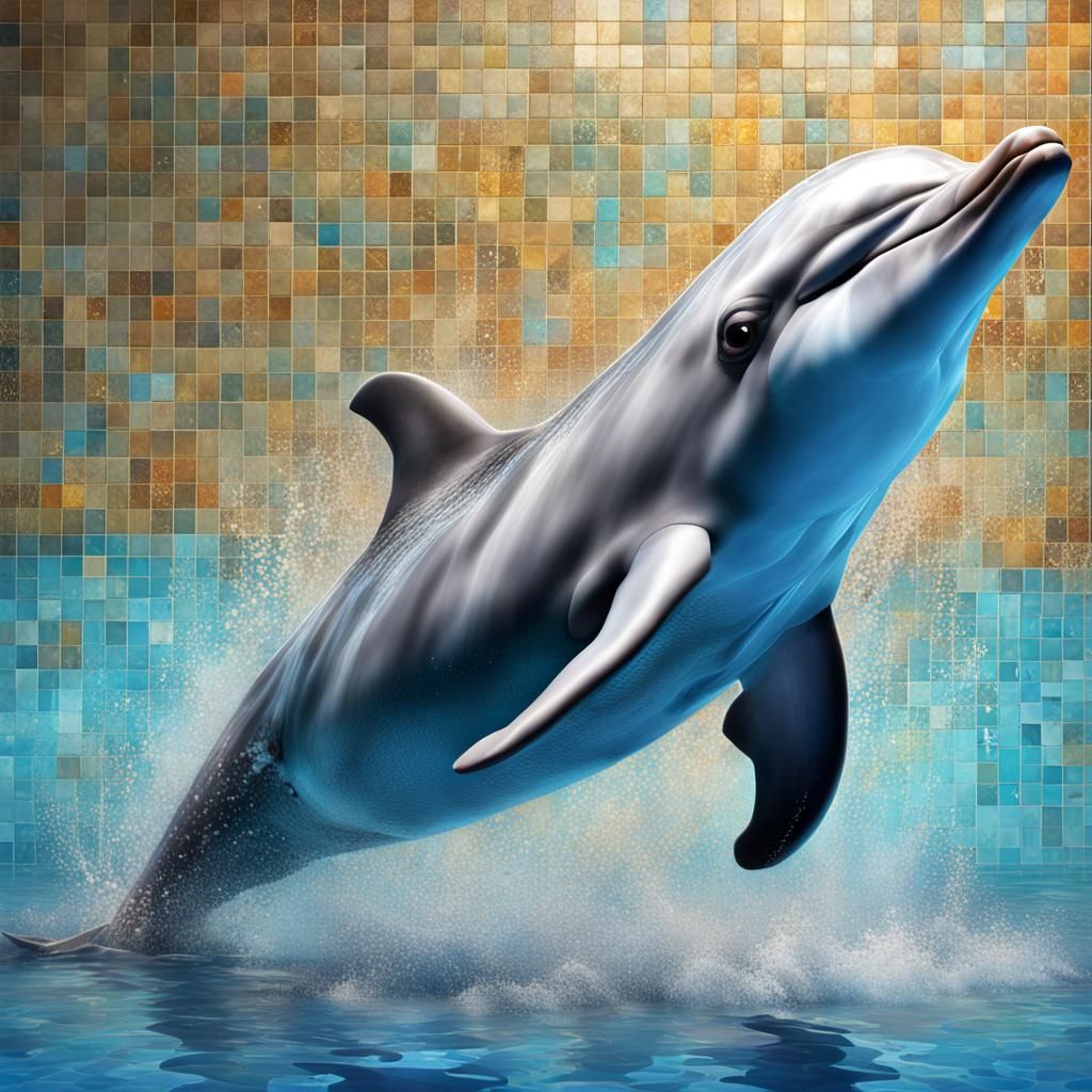 Hyperrealistic Dolphin Leaping in Mosaic Pool