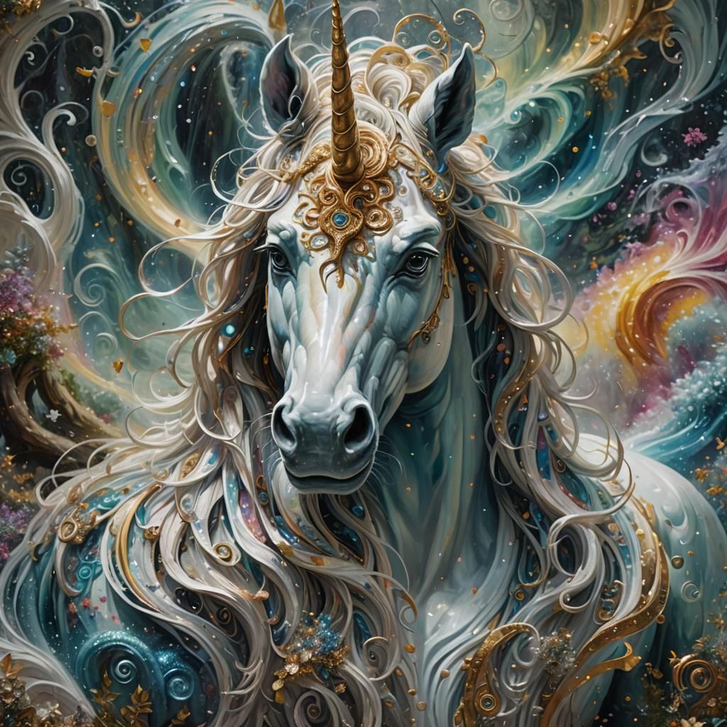 Majestic Unicorn in Mystical Maelstrom, Fantasy Art