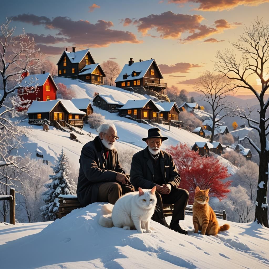 Surreal Sunset: Man, Cat, and Deer