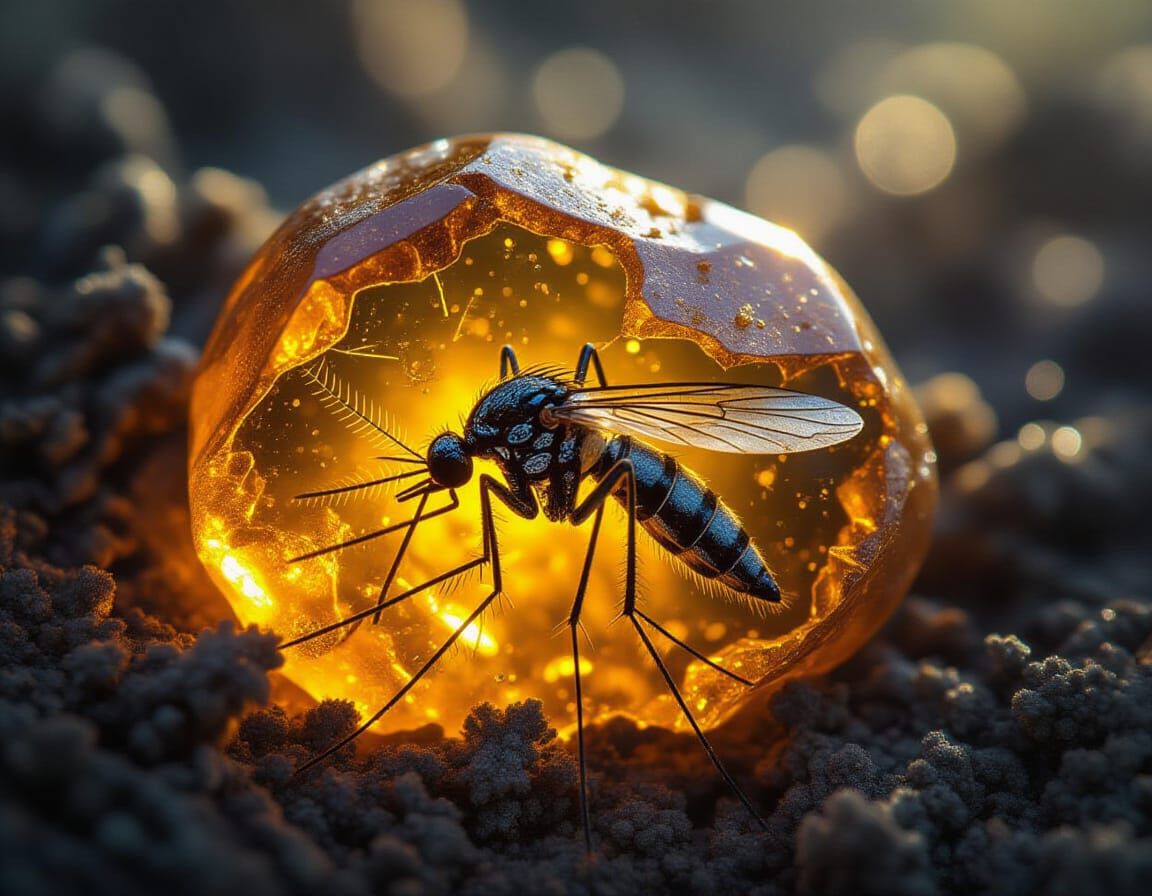 Close-up shot. A fossilized mosquito trapped in amber. The a...