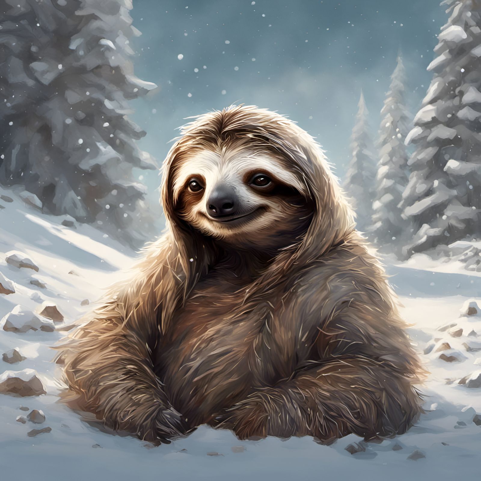 Sloth Portrait in Snowy Landscape, Digital Illustration