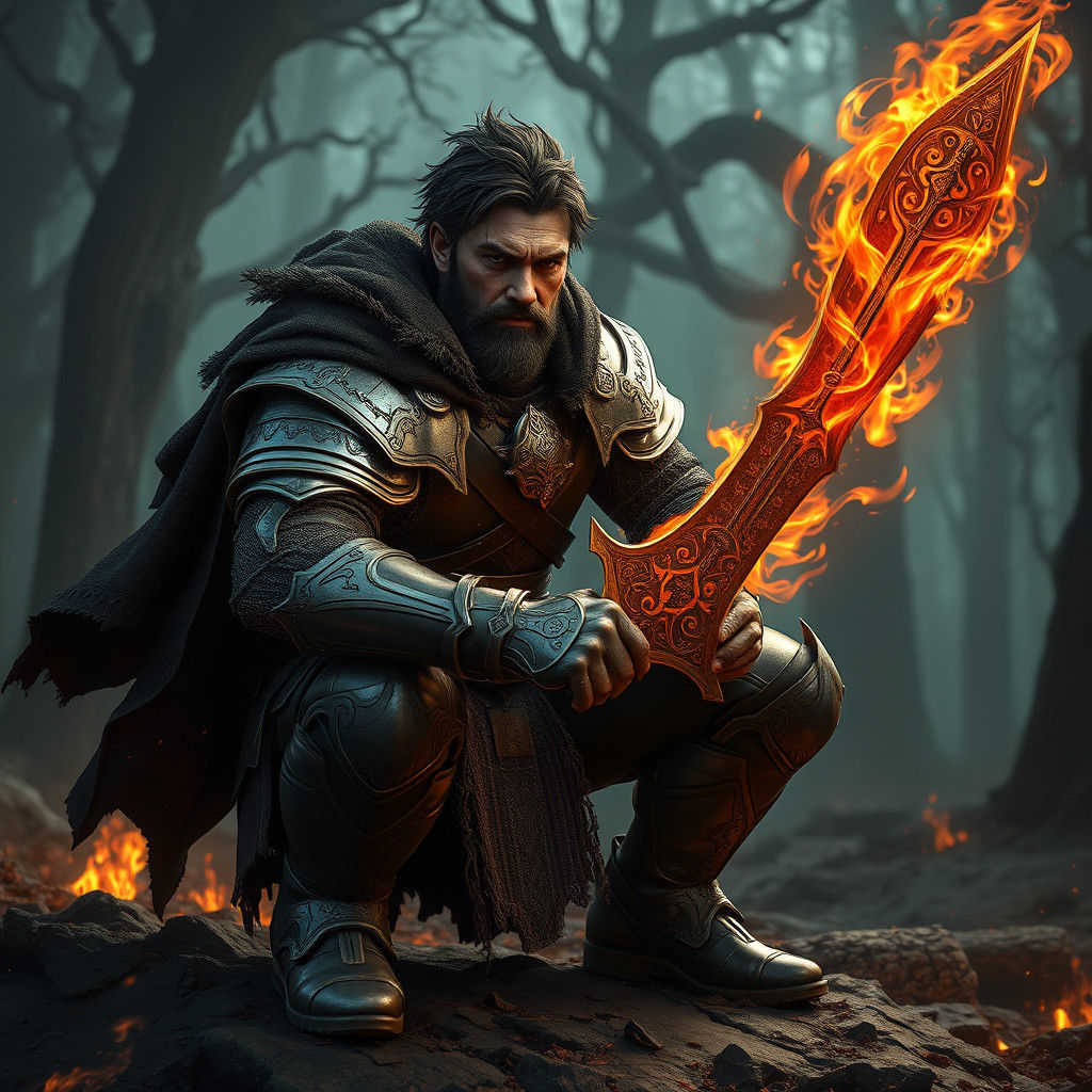 Warrior with Flame Sword in Mystical Forest
