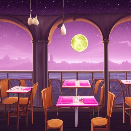 Cafe Scene with Moon View: Detailed Matte Painting