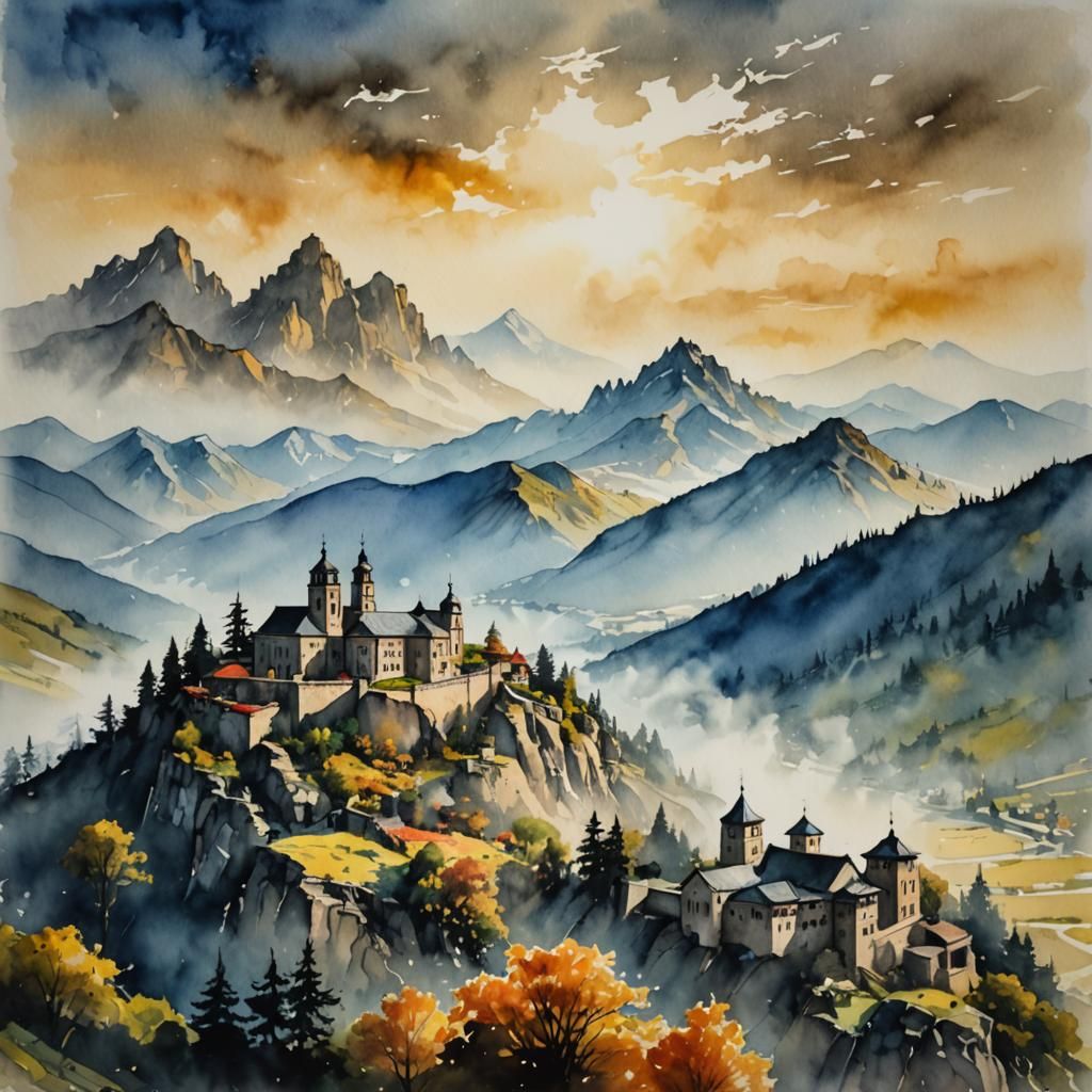 Mountain Monastery in Detailed Ink Painting