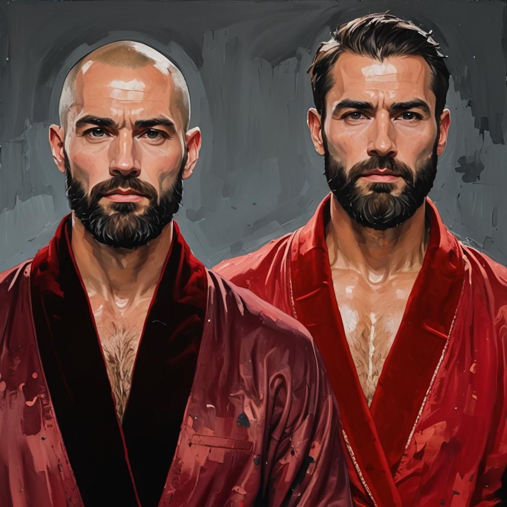 Men in Red Bathrobes: Neo-Expressionist Impasto Portrait