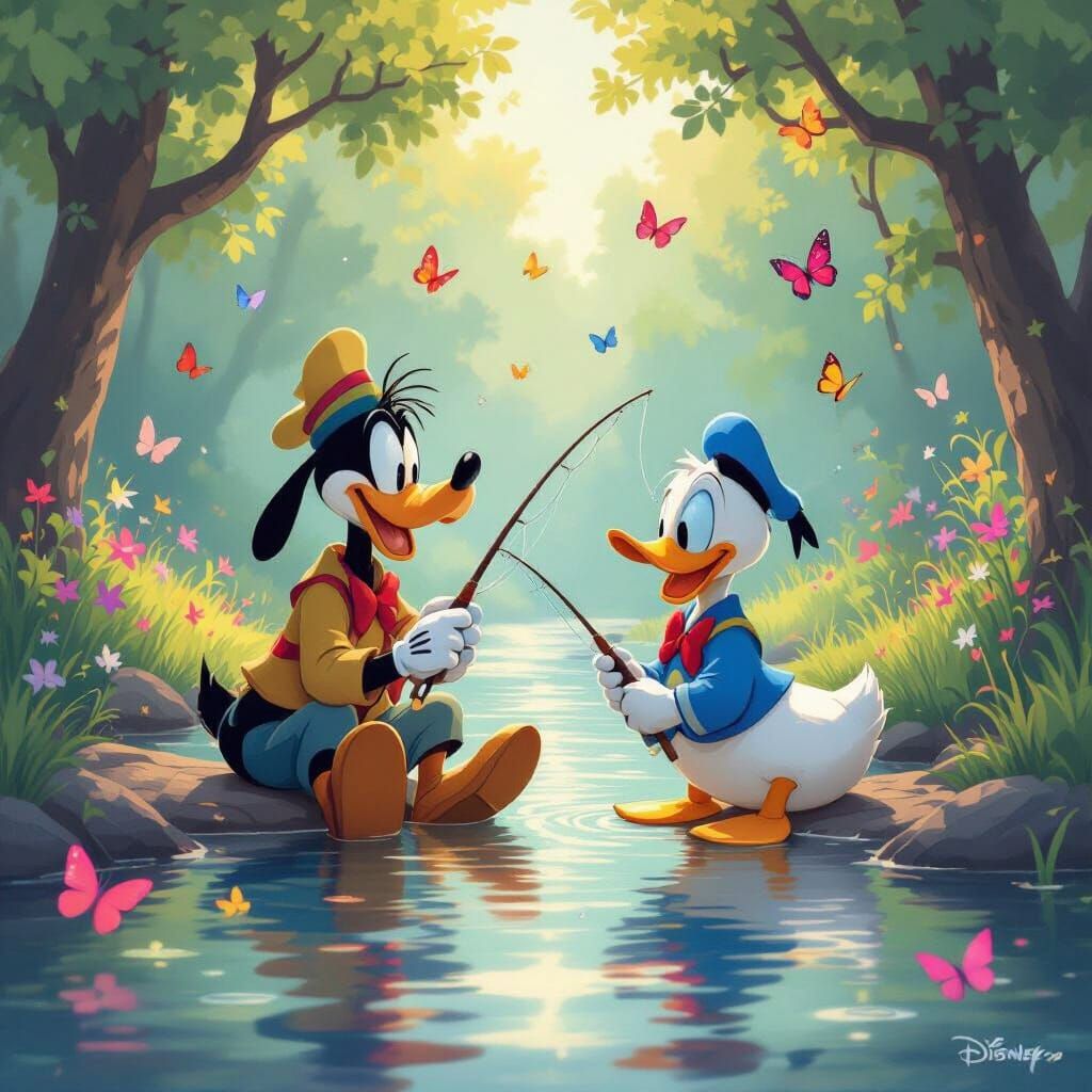Goofy and Donald Duck Fishing Amidst Butterflies