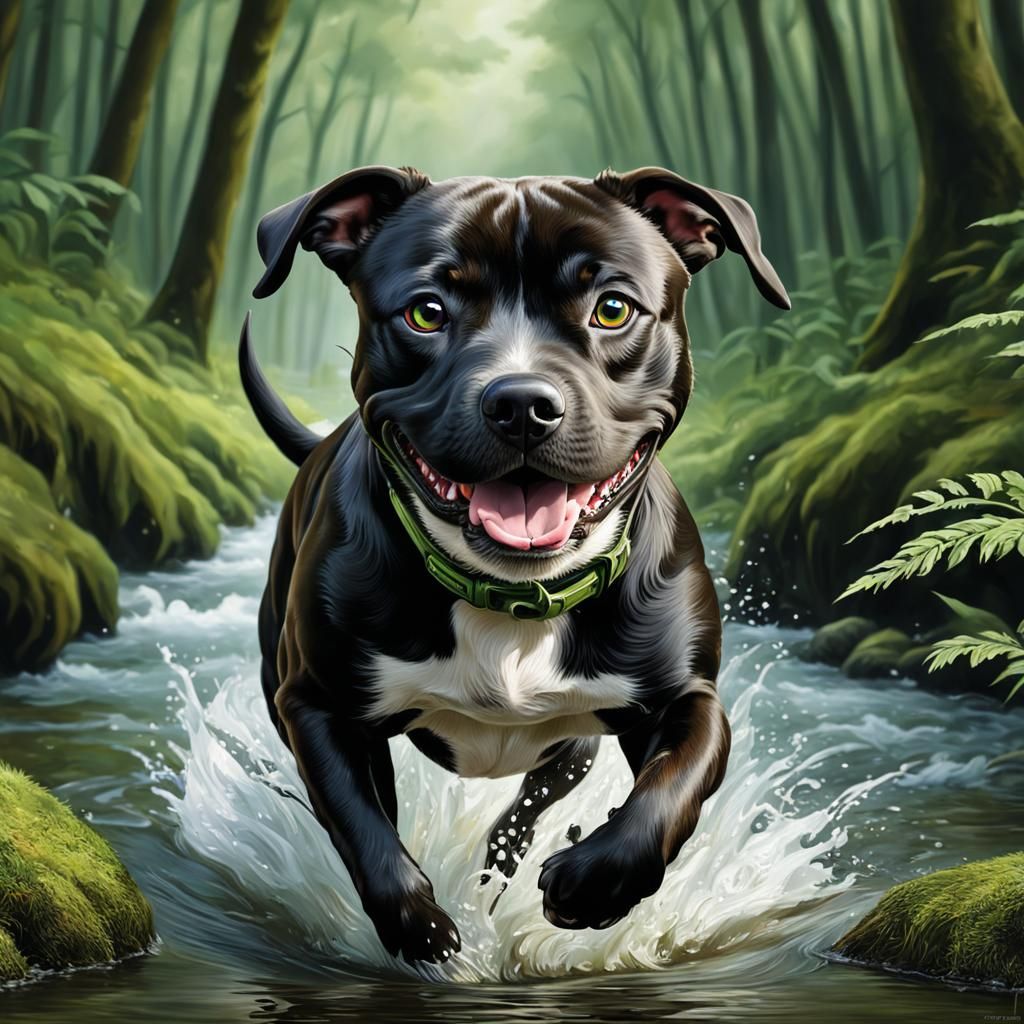 Cute Staffordshire Terrier Running in River: Hyperrealistic ...