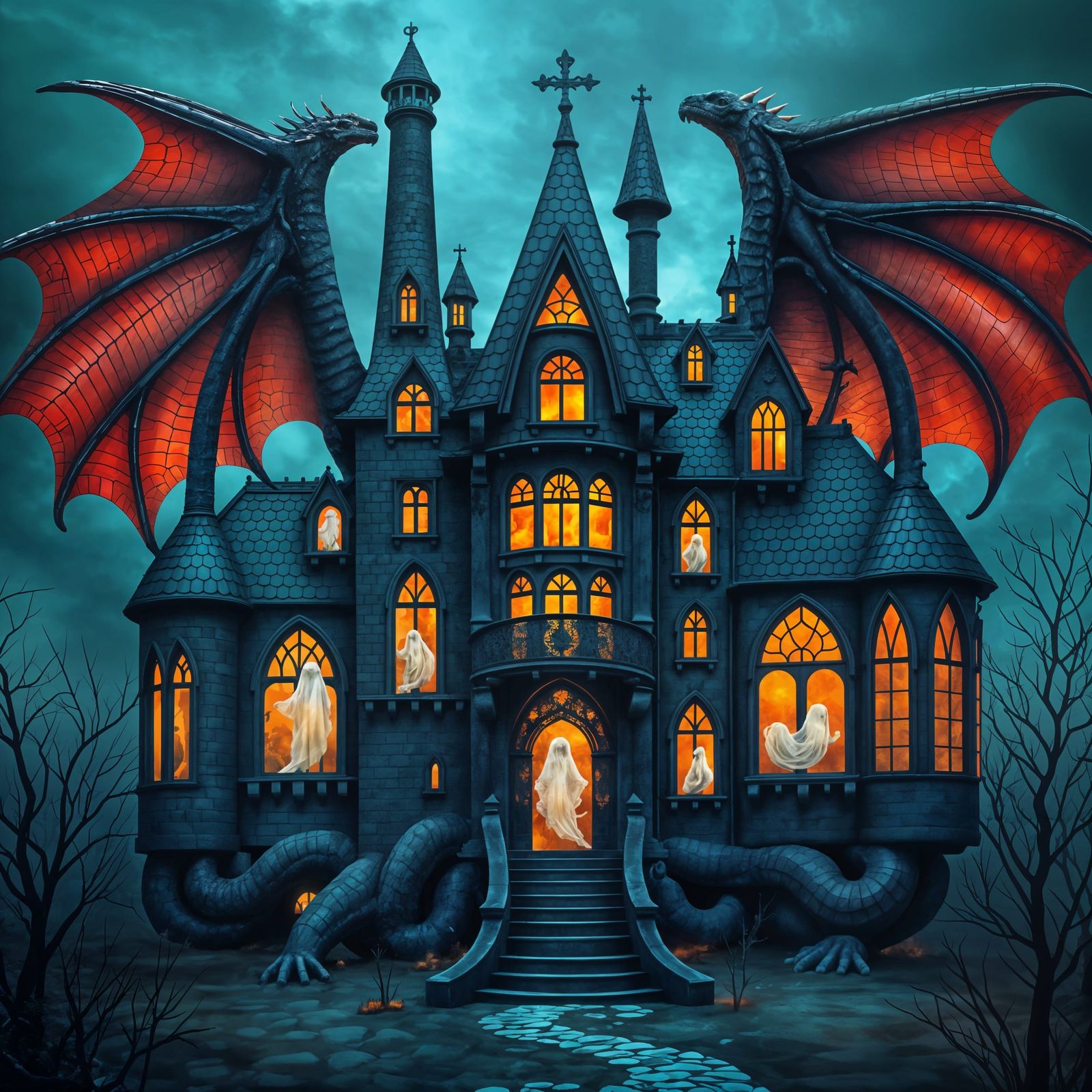 Dragon Skeleton Haunted House with Ethereal Ghosts