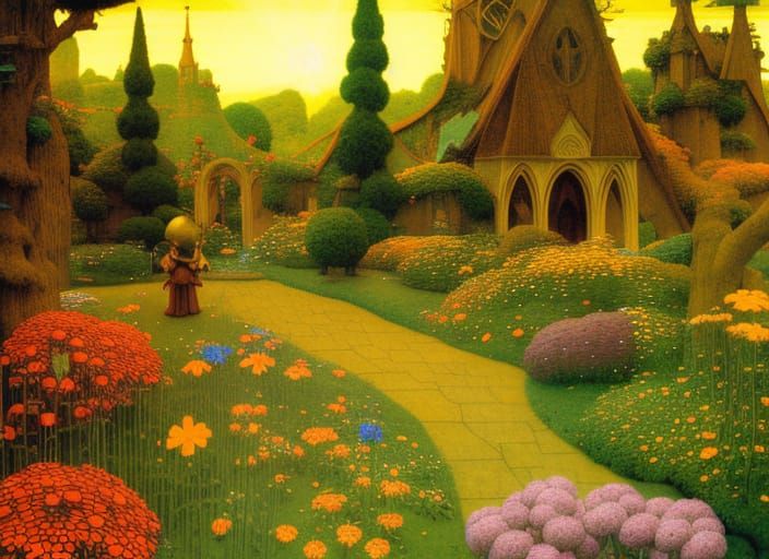 Sunrise Garden with Wildflowers in Art Nouveau Style