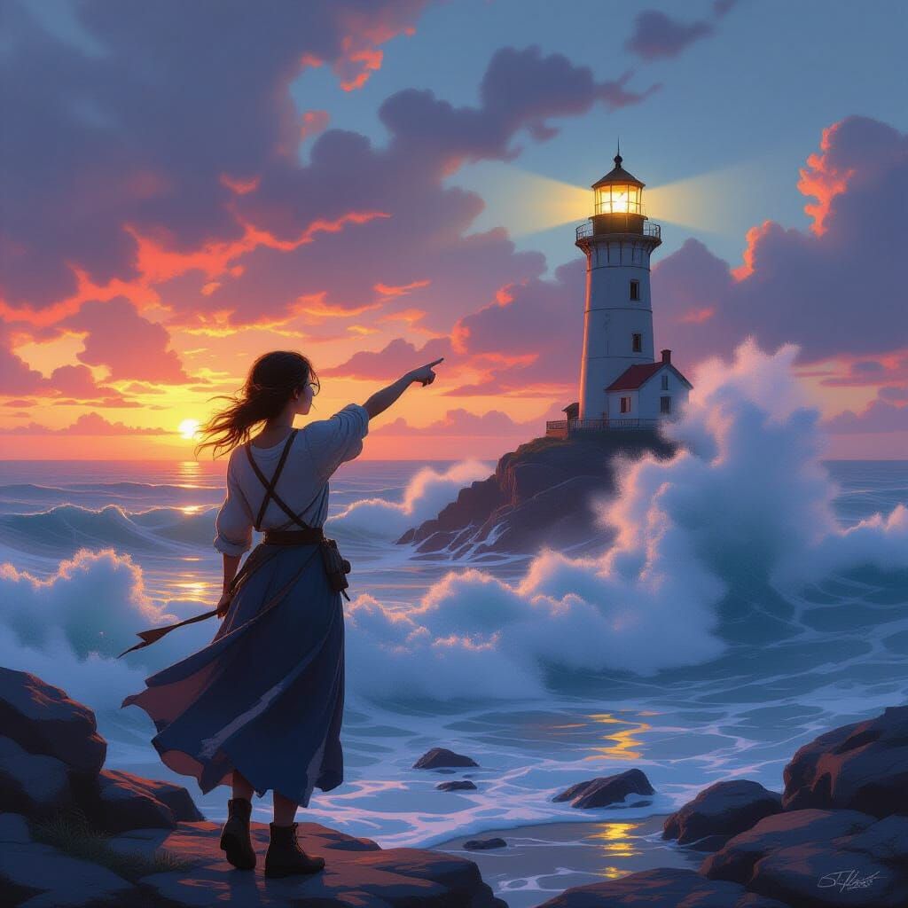 Ethereal Lighthouse Fantasy at Sunset
