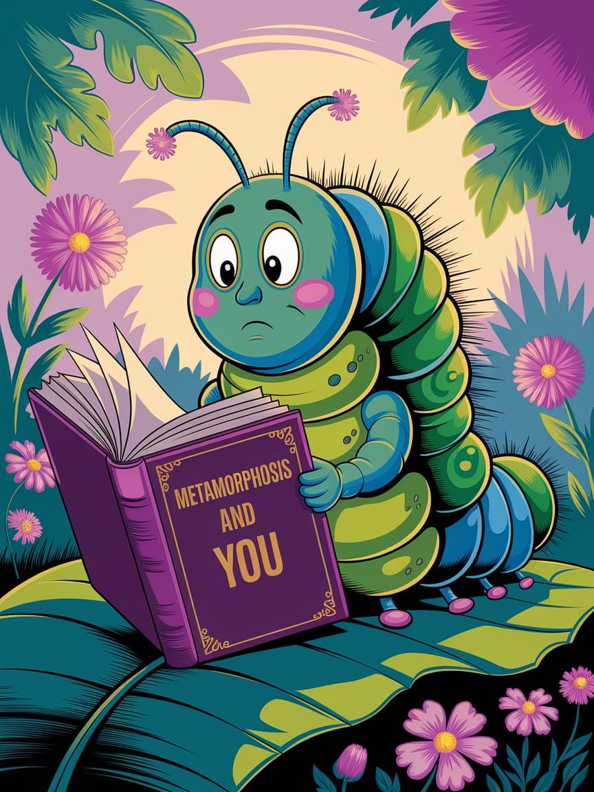 Puzzled Caterpillar Reads About Metamorphosis