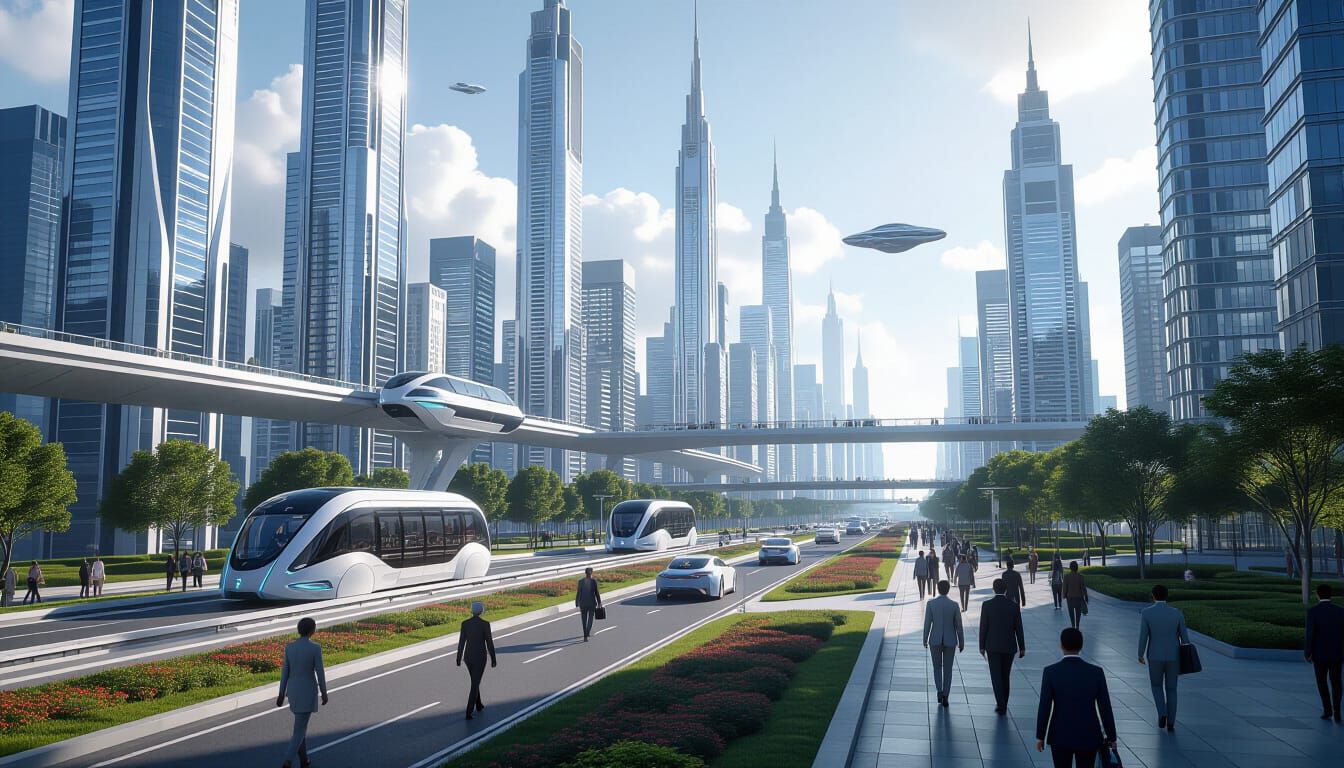Cinematic Futuristic City with Flying Vehicles