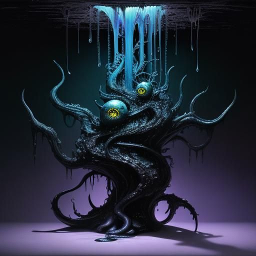 Surreal Slime Creature in Dimly Lit Room