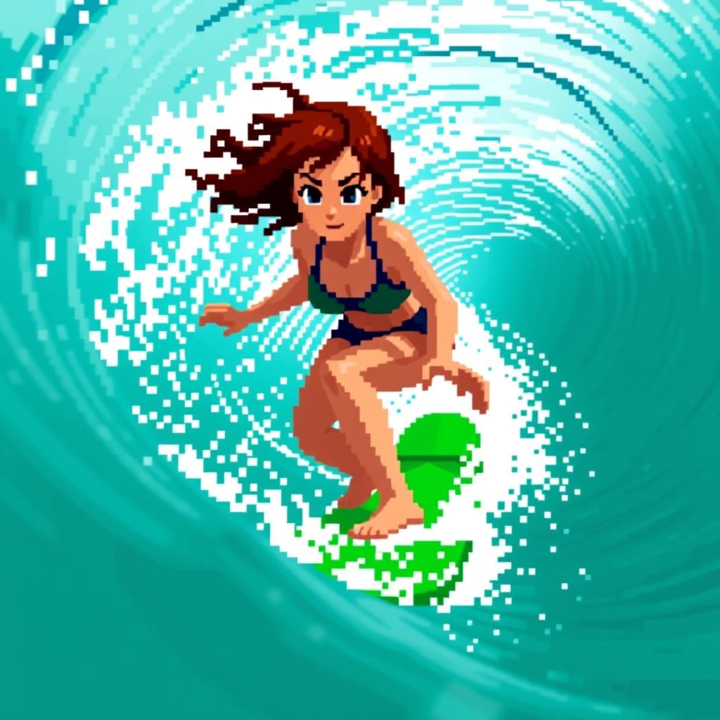 Glowing 8-Bit Surf Goddess Riding the Wave